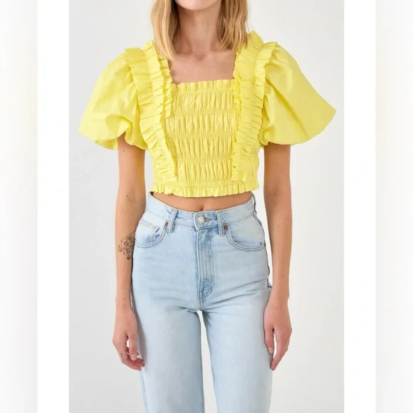 ENDLESS ROSE Smocked Puff Sleeve Top In Yellow - Picture 1 of 7